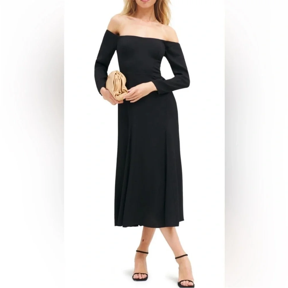 NWT Reformation Ballari Black Off The Shoulder Long Sleeve Maxi Dress Size 8